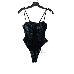 Miss Circle Sheer Mesh Wet Look Faux Leather Underwire Bodysuit Onepiece NWTs